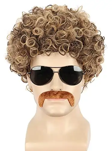 yuehong Short Curly Afro Mens Wig 70s Disco Dirt Bag Wig With Mustache Set Halloween Fashion Wigs