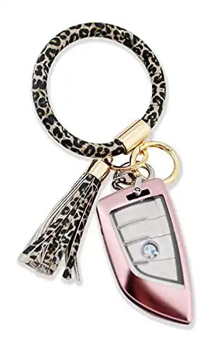 Coolcos Black Cheetah Leopard Leather Wristlet Bangle Bracelet Keys Holder Key Ring Portable Circle Round Keyring Keychain