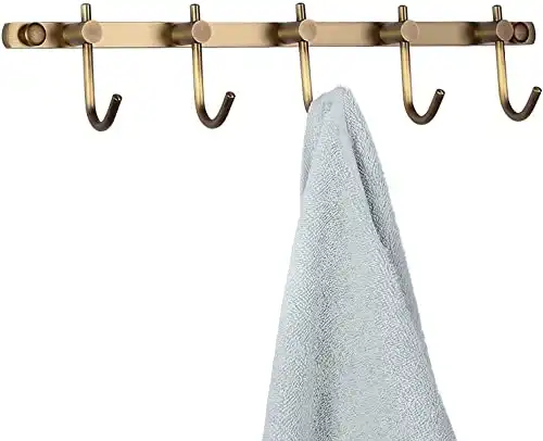 WINCASE Brass Towel Hook Rack, Brushed Brass Wall Hook Rail, Antique Coat Hook Rail Hanger 5 Hooks Bathroom Robe Hooks Wall Mounted