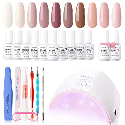 Gellen Gel Nail Polish Starter Kit With UV/LED Light,10 Colors 24W Nail Dryer&Base Top Coat, All-In-One Manicure Gift Set, Salon/Home DIY Nail Art Tools, Gentle Nude Nail Polish Colors