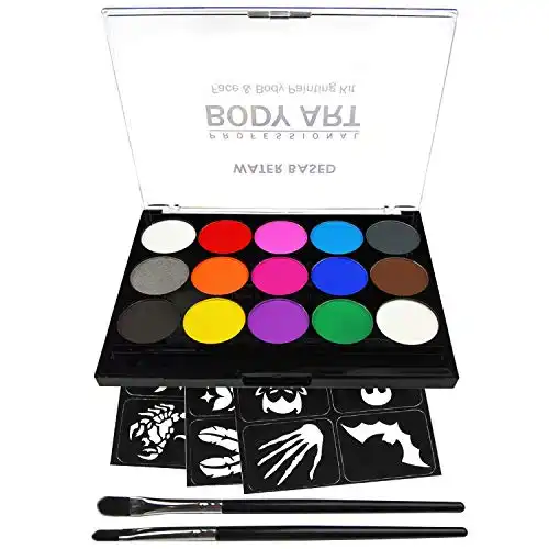 Face Paint Kit for Kids, Professional Quality Face & Body Paint, Hypoallergenic Safe & Non-Toxic, Easy to Painting and Washing, Ideal for Halloween Party Face Painting, 15 Colors with Two Brus...