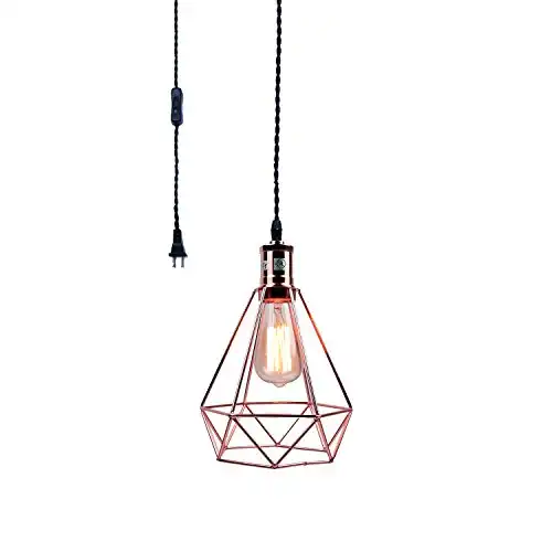 Pauwer Industrial Wire Cage Pendant Light Plug in Vintage Pendant Light with On/Off Switch (Rose Gold)