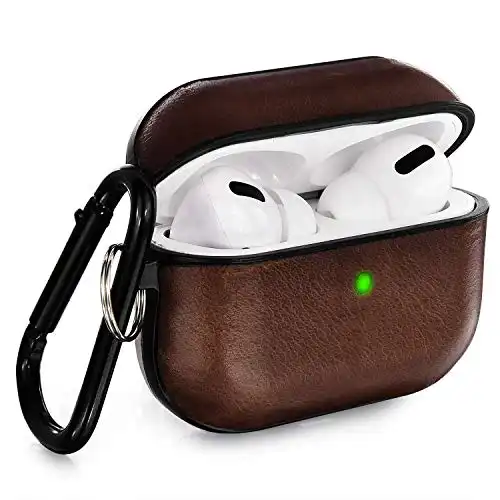 V-MORO Airpods Pro Case Genuine Leather Airpod Pro Case, AirPods Pro Case Cover with Keychain Protective Case Cover Skin for Men Women, Front LED Visible - Dark Brown