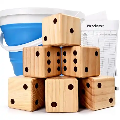 ropoda 3.5" Giant Wooden Yard Dice Set for Outdoor Fun, Barbeque, Party Events, Backyard Games, Lawn Games Includes 6 Dice, Collapsible Bucket, Score Cards & Dry Erase Marker