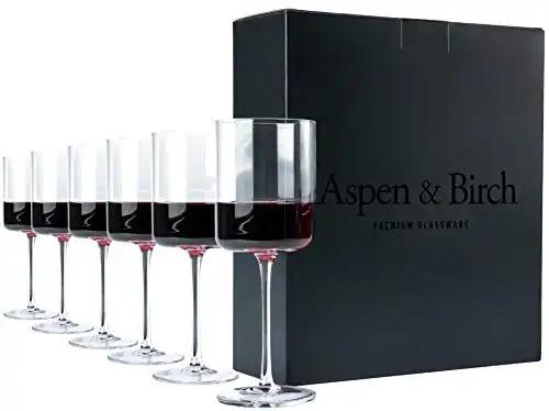 Aspen & Birch - Modern Wine Glasses Set of 6 - Red Wine Glasses or White Wine Glasses, Crystal Stemware, Long Stem Wine Glasses Set, Clear, 15 oz, Hand Blown Glass Crafted by Artisans