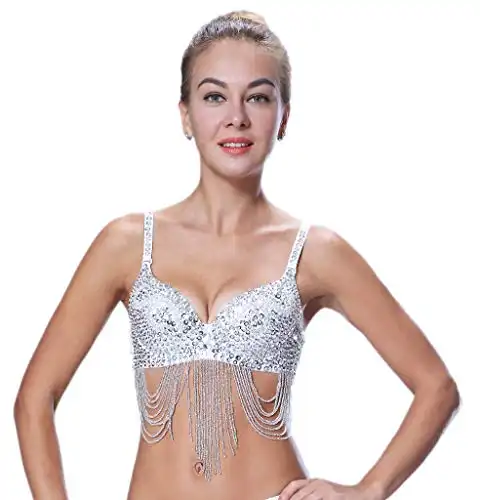 Belly Dance Bra Tops Women Silver Sequin Diamond Bedazzled Mermaid Sexy Rave Concert Sparkly Halloween Costumes