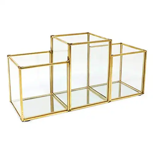 Isaac Jacobs 3-Compartment Makeup Brush Holder, Vintage Style Brass and Glass Organizer, (9.3” L x 3.1" W x 4.5" H) Storage Solution with Mirror Base & Taller Center Slot, for Makeup, ...
