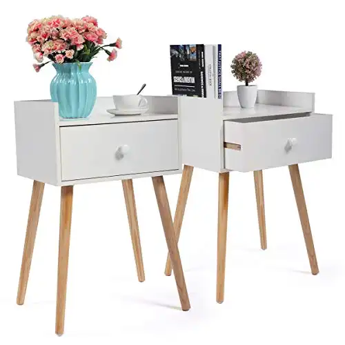 White Nightstands with Drawer Set of 2, Mid Century Bedside Table with Drawer, Modern Accent End Tables for Bedroom, Office, Living Room Bedside Cabinets with 4 Wood Legs