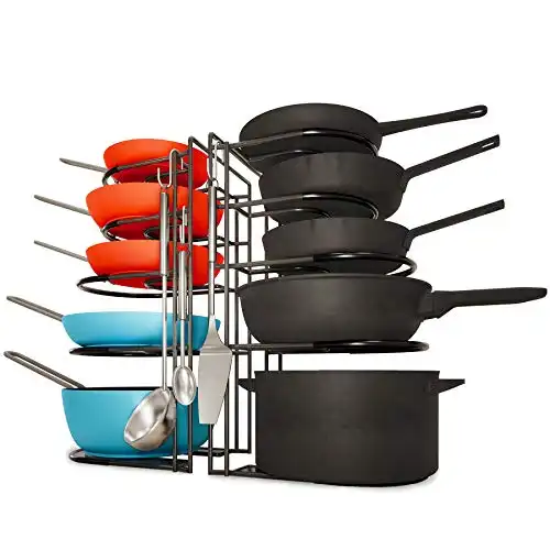 SHAUSE Heavy Duty Pan Organizer,5 Tier Rack,Pack of 2,Holds Cast Iron Skillets, Griddles and Shallow Pots, Durable Steel Construction, No Assembly Required, Black (12 Hooks Included)