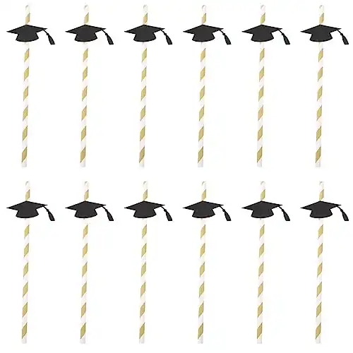 BESTOYARD Graduation Cap Straws Paper Straws with Grad Cap 2023 Graduation Party Striped Decorative Straws,Pack of 12 (Black)