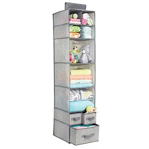 mDesign Fabric Over Closet Rod Hanging Storage Organizer with 7 Open Cube Shelves and 3 Removable Drawers for Bedroom, Nursery, Closet - Holds Clothes, Shoes, Diapers - Gray