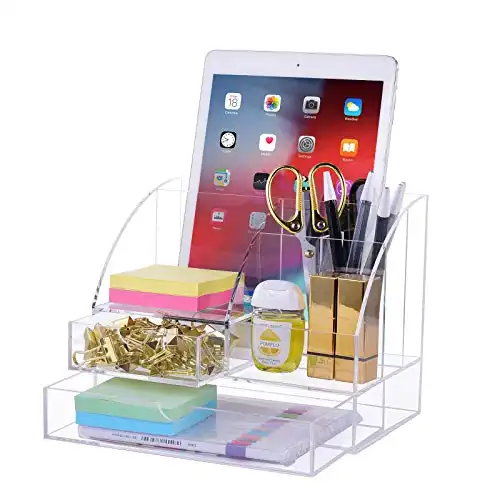SUIN Premium Acrylic Desk-Organizer for Office/School Supplies, Desk Pen Holder for Pens/Pencils/Sticky note/Notebooks and Desk Accessories