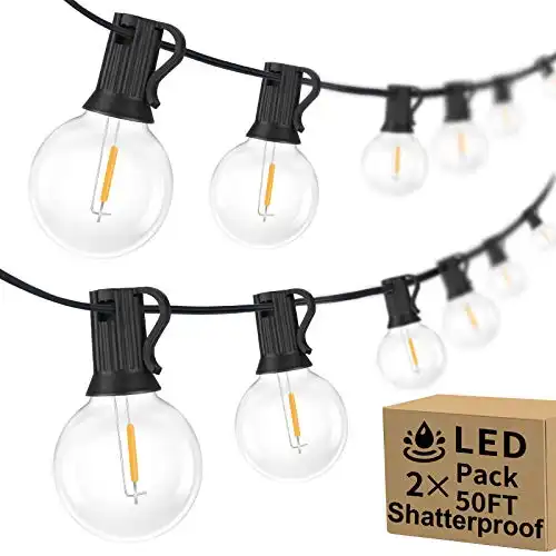 100ft 2-Pack Outdoor G40 LED Globe String Lights Dimmable Waterproof Shatterproof Light Strings with 52 Bulbs Connectable Commercial Hanging Lights for Christmas Patio House Backyard Balcony Party