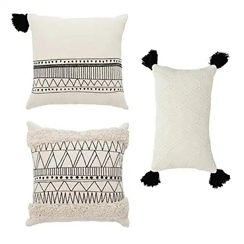 Cozi Abode Boho Geometric Decorative Throw Pillow Covers Set of 3 18 X 18” 12 X 20” for Bed/Sofa Tribal Tassels Tufted Modern Black and Ivory