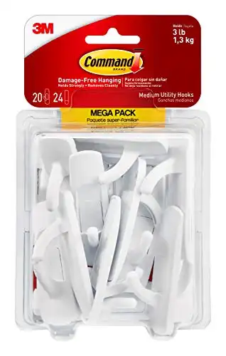 Command Medium Damage Free Utility Hooks with Adhesive Strips, No Tools Wall Hooks for Hanging Organizational Items in Living Spaces, 20 White Hooks and 24 Command Strips