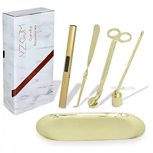 Exquisite Candle Accessories Tool Pack Bag, Rechargeable Electric Lighter， Wick Trimmer, Dipper, Snuffer and Tray Holder Elegant Kit Gift for Candle Lovers in Dating, Valentines Decor. ( Lemon Gold ...