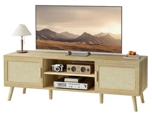 SUPERJARE Boho TV Stand for 55 Inch TV, Entertainment Center with Adjustable Shelf, Rattan TV Console with 2 Cabinets, Media Console, Solid Wood Feet, 4 Cord Holes, for Living Room - Natural