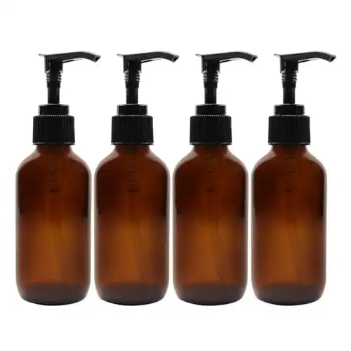 Cornucopia 4oz Amber Glass Pump Bottles (4-Pack); Great for Lotions, Liquid Soap, Aromatherapy and More