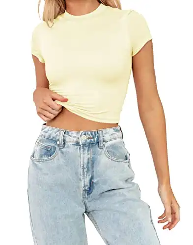 TECREW Womens Summer Short Sleeve Cute Crop Tops Casual Basic Crewneck Slim Fit T-Shirts, LightYellow, Medium