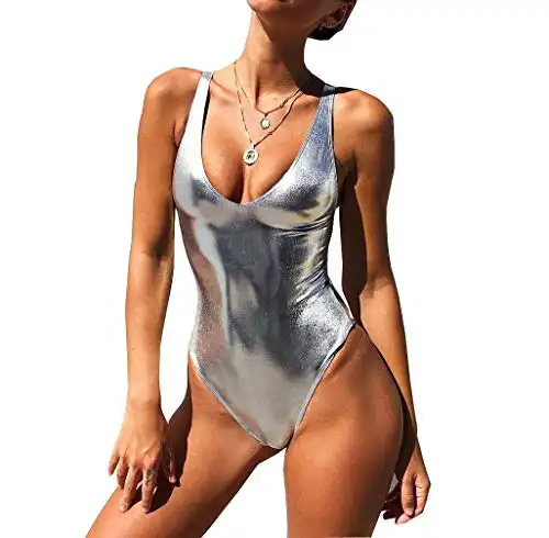 YAUASOPA Sexy Liquid Metallic Glitter One Piece Push Up Swimsuit Female Shiny Solid High Cut Beachwear (US(4-6) M, Shiny Silver)