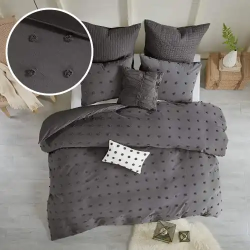 Urban Habitat Cotton Comforter Set - Jacquard Tufts Pompom Design All Season Bedding, Matching Shams, Decorative Pillows, Full/Queen (88 in x 92 in), Charcoal 7 Piece