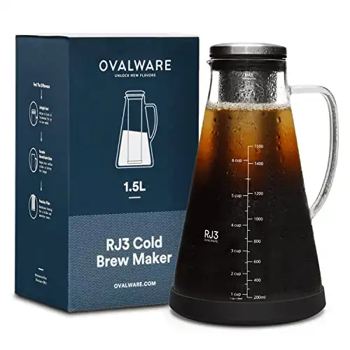 Airtight Cold Brew Iced Coffee Maker Pitcher (& Iced Tea Maker) with Spout – 1.5L/ 51oz Ovalware RJ3 Brewing Glass Carafe with Removable Stainless Steel Filter