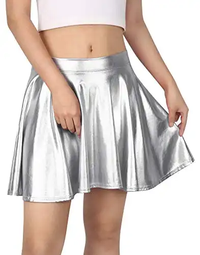 HDE Women's Shiny Liquid Metallic Wet Look Flared Pleated Skater Skirt Silver - M