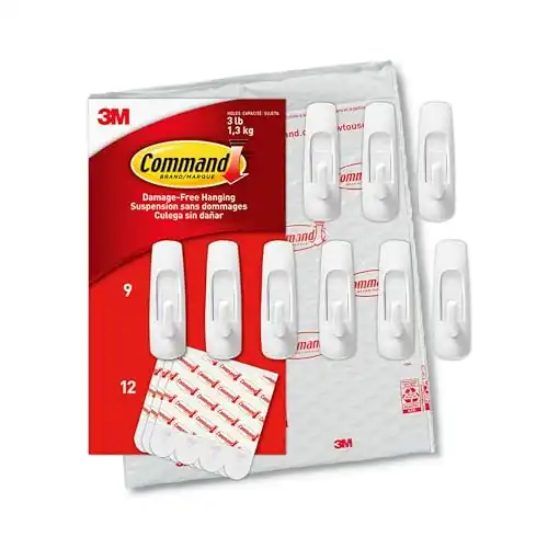 Command Medium Utility Hooks, Damage Free Hanging Wall Hooks with Adhesive Strips, No Tools Wall Hooks for Hanging Christmas Organizers, 9 White Hooks and 12 Command Strips