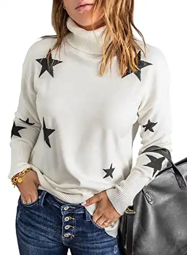 Aleumdr Womens Turtleneck Sweater Long Sleeve Knitted Color Block Pullover Sweaters Casual Fall Winter Fashion Pullovers Jumpers Outerwear White Large 12 14