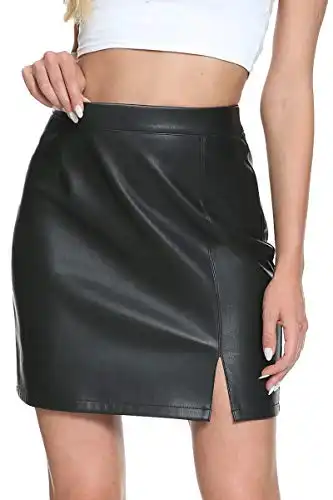 Fahsyee Leather Skirt, Black Women Faux Mini Elastic High Waist Plus Size Pencil Aline Bodycon Vegan Stretch Elegant Skirts S