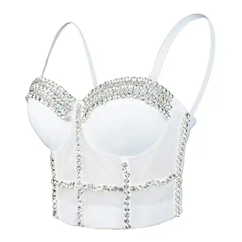 ELLACCI Women's Diamond Chain Mesh Bustier Crop Top Push Up Corset Top Bralet White Large