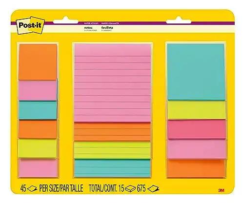 Post-it Super Recyclable Sticky Notes (4423-15SSMIA), Assorted Sizes, 15 Sticky Note Pads, 2x the Sticking Power, Supernova Neons Colors Collection