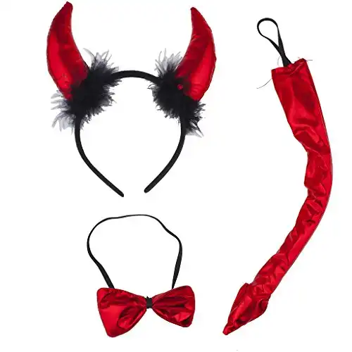 LUX ACCESSORIES Halloween Red Black Fuzzy Sexy Devil Cosplay Party Costume Accessory Set (3pcs)