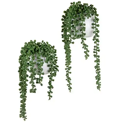 MyGift Artificial Faux String of Pearls Plants in White Ceramic Wall Hanging Planter Pot with Jute Rope, Set of 2
