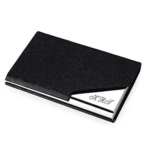 Personalized Black Leather Magnetic Business Card Case Holder Engraved Free - Ships from USA