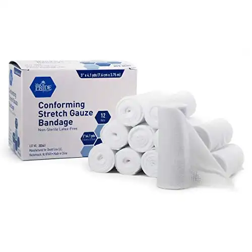 MED PRIDE Conforming Gauze Rolls First Aid Rolled Stretch Bandages for Wounds & Injuries – Disposable Nonsterile Body Wrap Dressing for The Knee, Ankle, Hands, Wrist, White (3''x 4.1 y...