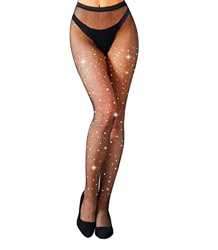 MengPa Women's Fishnets Sparkly Tights High Waist Rhinestone Stockings Sexy Party Pantyhose (Small Hole-Black) US2466A
