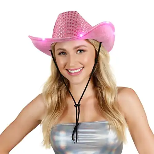 FlashingBlinkyLights Pink Sequin Light Up LED Cowboy Hat