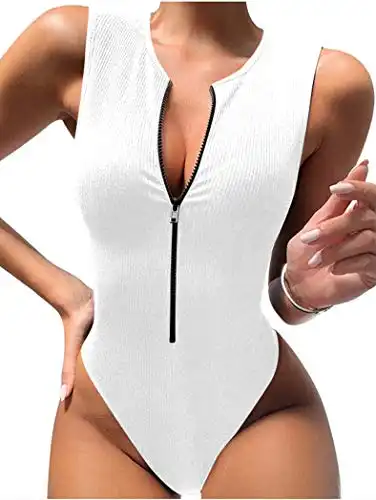 DAAWENXI Women's Sexy Ribbed Zipper Front Basic Bodycon Stretch Sleeveless Bodysuit White