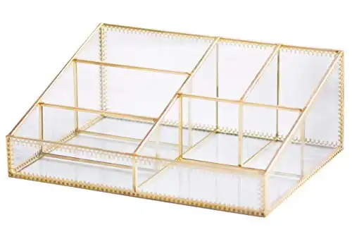 Makeup Organizer Antique Countertop Cosmetic Storage Box Glass Beauty Display, Gold Spin Large Capacity Holder for Brushes Lipsticks Skincare Toner