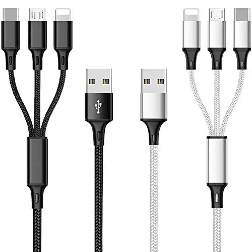 Multi USB Charging Cable 3A, 3 in 1 Fast Charger Cord Connector with Dual Phone/Type C/Micro USB Port Adapter, Compatible with Tablets Phone 12 11 Pro 8 7 6 Samsung Galaxy (4FT/2Pack Charging Only)