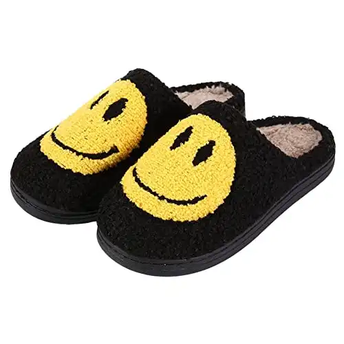 FACAXEDRE Retro Happy Face Slippers, Soft Plush Comfy Preppy Women Slippers, Smile Cushion Slides, Fluffy House Slippers for Men Black 8.5-9.5
