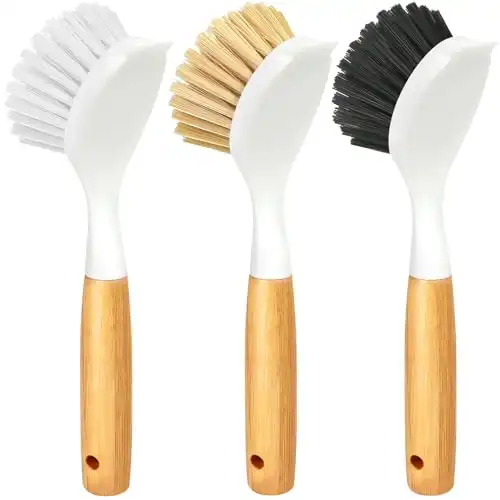 Holikme 3 Pack Dish Brush Set with Bamboo Handle, Kitchen Scrub Brush for Cleaning Dish, Pot, Sink and Stove, Skillet Scrubber with Tough Bristles for Cast Iron Grill Pan, White