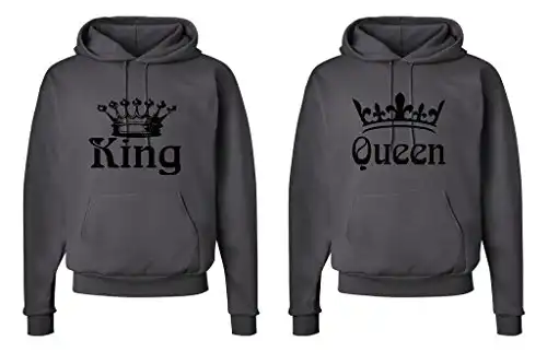 Fasciino Matching His & Hers Couple Hooded Sweatshirt Set - King and Queen Crowns (King Shirt: Large/Queen Shirt: Medium Smokie Gray)