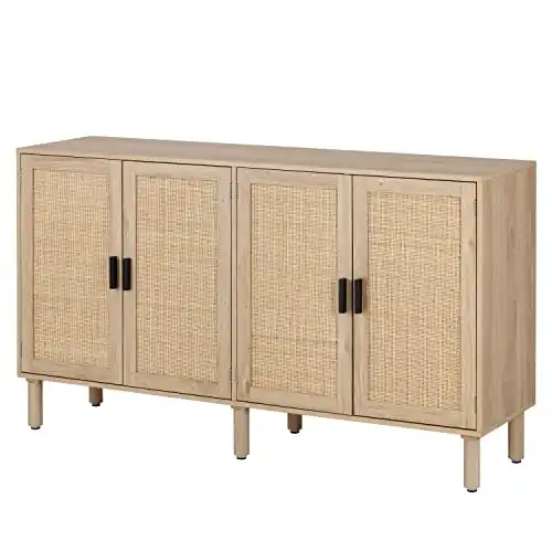 Finnhomy 4 Door Sideboard Buffet Cabinet, Kitchen Storage Cabinet with Rattan Decorated Doors, Cupboard Console Table, Boho Accent Liquor Cabinet, Bar Cabinet, 62.3X 15.7X 34.6 Inches, Natural