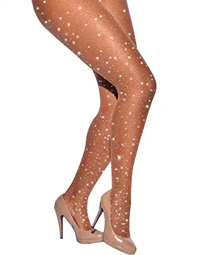 CHRLEISURE Women's Sparkle Rhinestone Fishnets Sexy Tights High Waist Stockings (Skin)