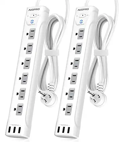 2 Pack Power Strip Surge Protector with USB - 6 Outlet Power Strip with 3 USB Ports, Flat Plug Power Strip with Cover, 5 ft Cord, Mountable Desktop Charging Station with Overload Protection, White