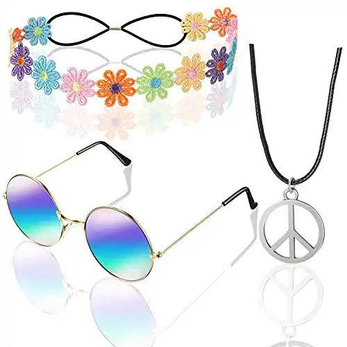 WILLBOND 60s 70s Accessories for Women Hippie Costume Accessories Peace Sign Necklace Headband Hair Wreath Sunglasses (Bright Style)