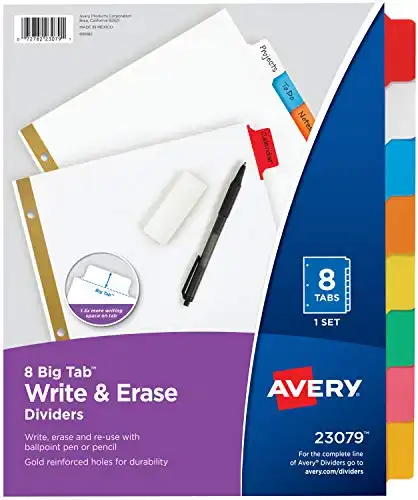 AVERY 8-Tab Binder Dividers, Write & Erase Multicolor Big Tabs, 6 Sets, School Binder Organizers (23079) - 73079