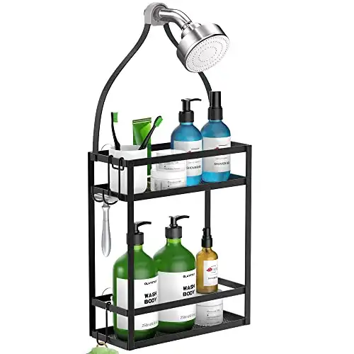 Meangood Shower Caddy Organizer,Mounting Over Shower Head Or Door,Extra Wide Space for Shampoo, Conditioner, and Soap with Hooks for Razorsand More,10.5" x 4.5" x 22.4", Mental Black